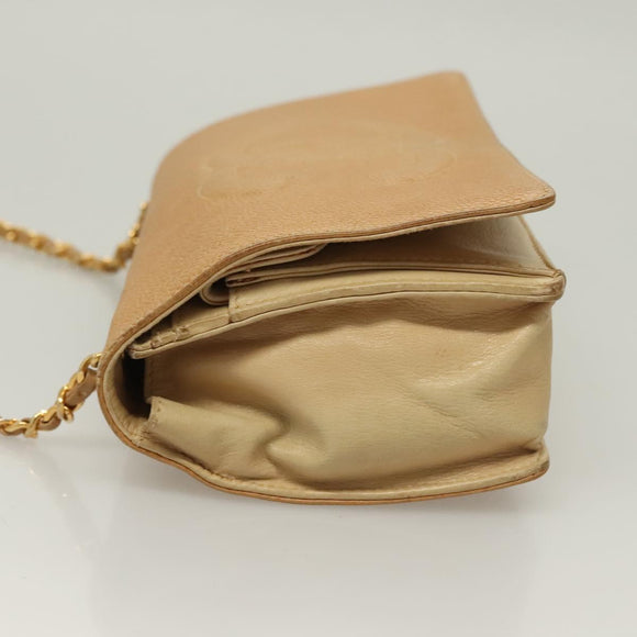 CHANEL Chain Long Wallet Caviar Skin Beige Gold CC Auth BA3314