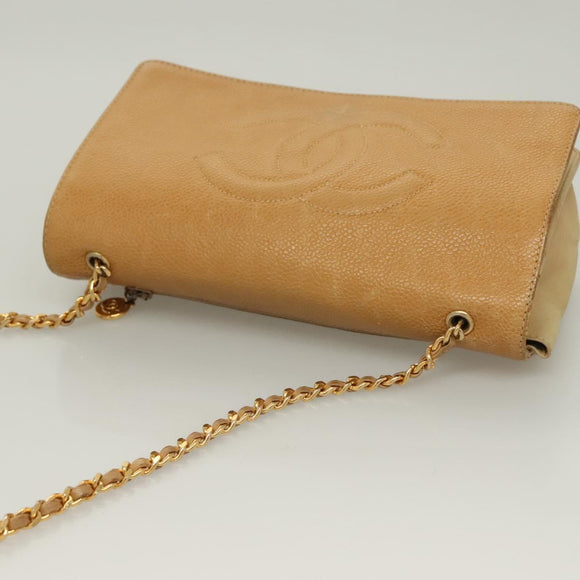 CHANEL Chain Long Wallet Caviar Skin Beige Gold CC Auth BA3314