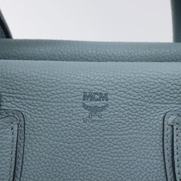 MCM Hand Bag Leather Light Blue Silver Auth BA3318