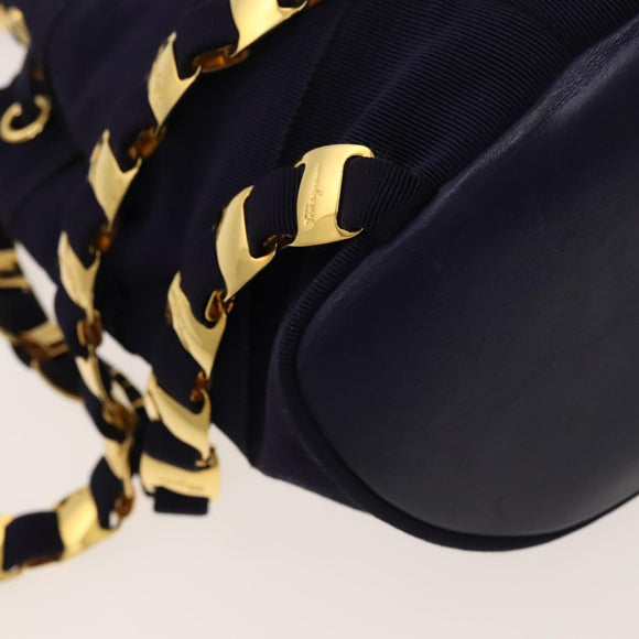 Salvatore Ferragamo Vala Chain Backpack Canvas Navy Gold Auth BA3335