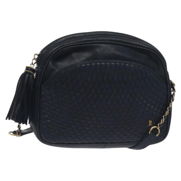 BALLY Shoulder Bag Leather Navy Gold Auth BA3407