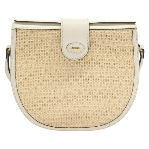 BALLY Shoulder Bag Straw Leather Beige Gold Auth BA3413