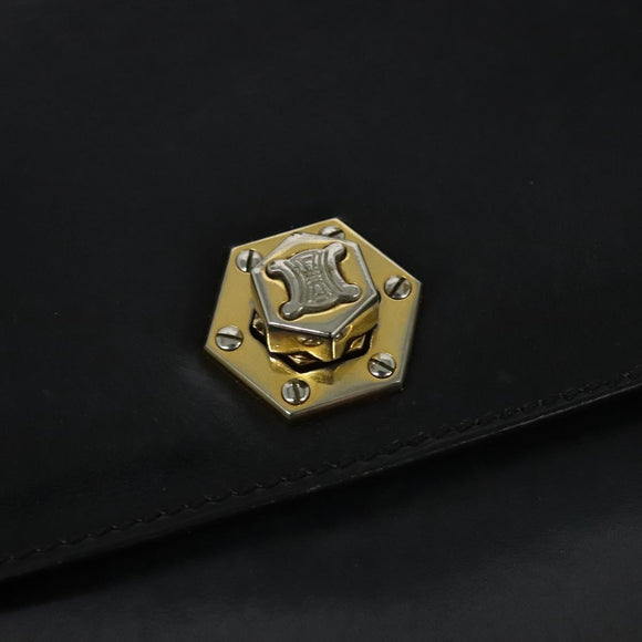 CELINE Shoulder Bag Leather Black Gold Auth BA3418