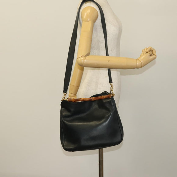 GUCCI Bamboo Hand Bag Leather 2way Navy Gold 001 3444 1638 Auth BA3439