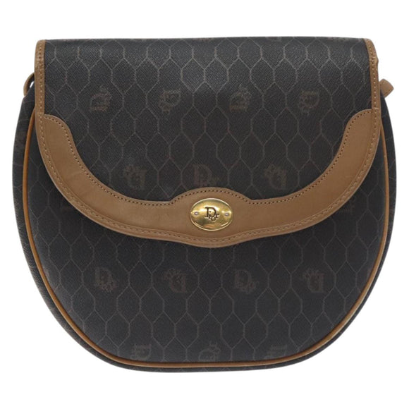 Christian Dior Honeycomb Canvas Shoulder Bag PVC Leather Black Gold Auth BA3446