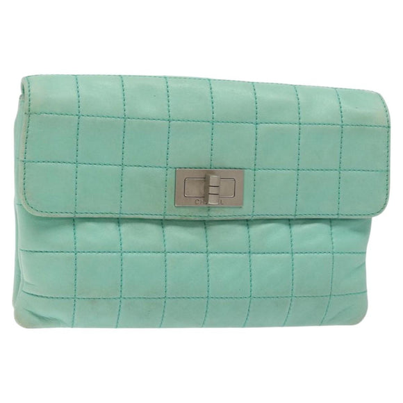 CHANEL Choco Bar Clutch Bag Lamb Skin Peppermint CC Auth BA3453