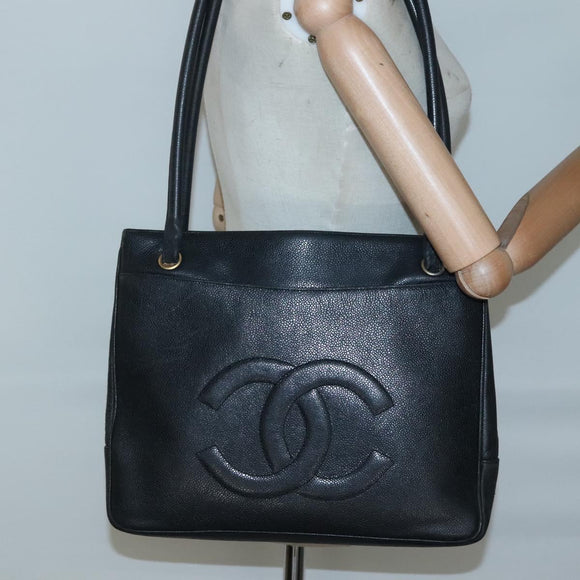 CHANEL COCO Mark Tote Bag Caviar Skin Black Gold CC Auth BA3454