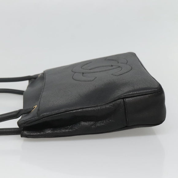 CHANEL COCO Mark Tote Bag Caviar Skin Black Gold CC Auth BA3454