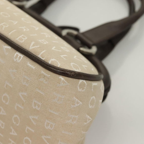 BVLGARI Logo Mania Tote Bag Canvas Leather Beige Silver Auth BA3461