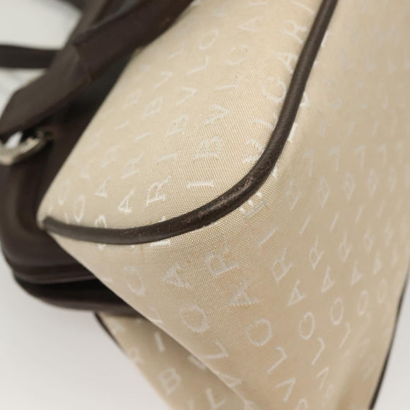 BVLGARI Logo Mania Tote Bag Canvas Leather Beige Silver Auth BA3461