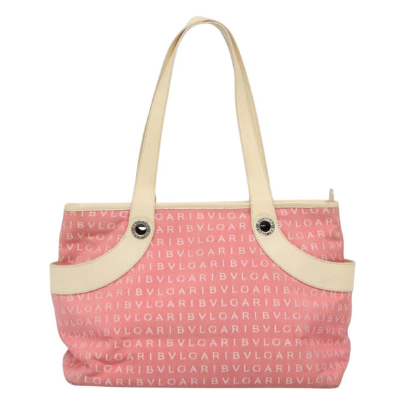 BVLGARI Logo Mania Tote Bag Canvas Pink Silver Auth BA3462