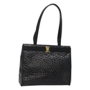 Salvatore Ferragamo Vala Tote Bag Leather Embossed Black Gold Auth BA3465-1
