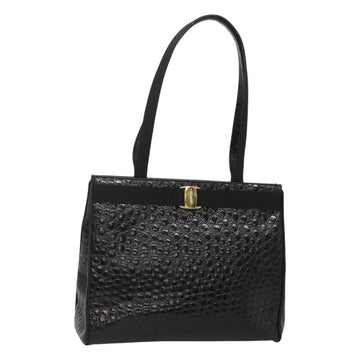 Salvatore Ferragamo Vala Tote Bag Leather Embossed Black Gold Auth BA3465