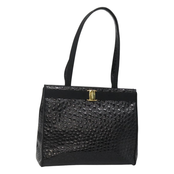 Salvatore Ferragamo Vala Tote Bag Leather Embossed Black Gold Auth BA3465
