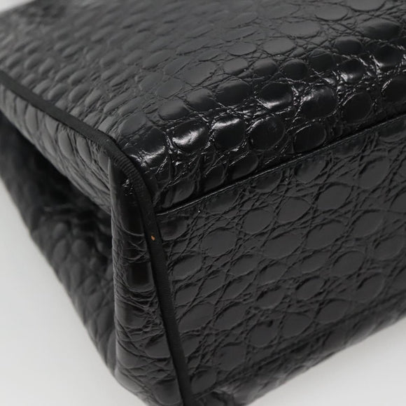 Salvatore Ferragamo Vala Tote Bag Leather Embossed Black Gold Auth BA3465