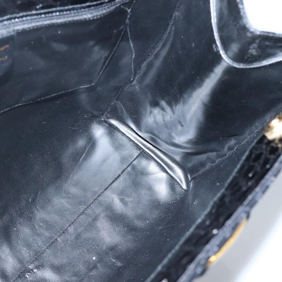 Salvatore Ferragamo Vala Tote Bag Leather Embossed Black Gold Auth BA3465