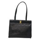 Salvatore Ferragamo Vala Tote Bag Leather Embossed Black Gold Auth BA3465-13
