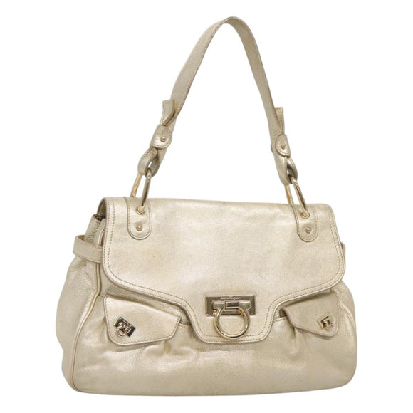 Salvatore Ferragamo Gancini Bag Leather Champagne Gold Gold Auth BA3466V