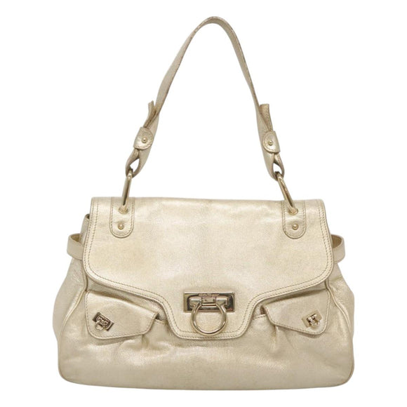 Salvatore Ferragamo Gancini Bag Leather Champagne Gold Gold Auth BA3466V