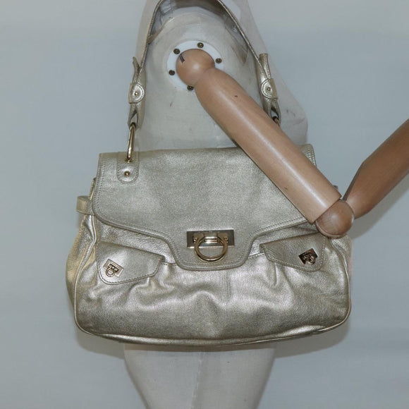 Salvatore Ferragamo Gancini Bag Leather Champagne Gold Gold Auth BA3466V