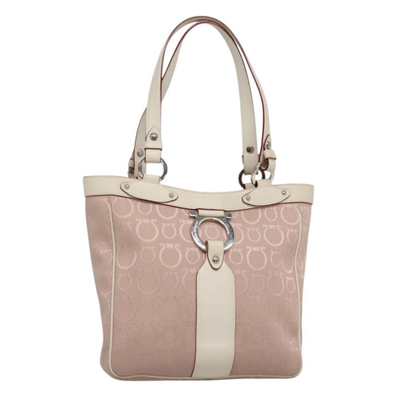 Salvatore Ferragamo Gancini Tote Bag Canvas Leather Pink Silver Auth BA3467