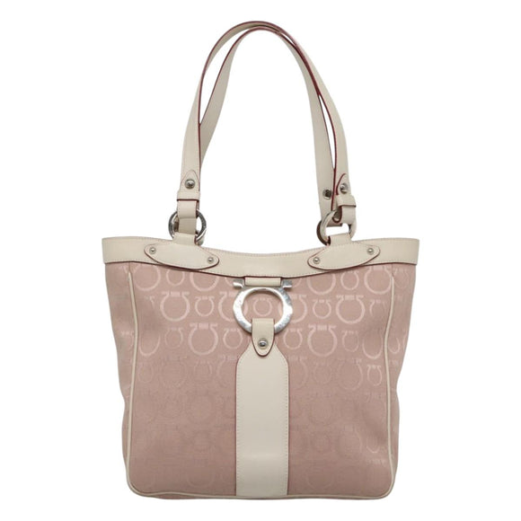 Salvatore Ferragamo Gancini Tote Bag Canvas Leather Pink Silver Auth BA3467