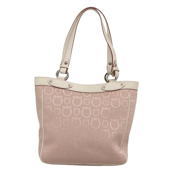 Salvatore Ferragamo Gancini Tote Bag Canvas Leather Pink Silver Auth BA3467