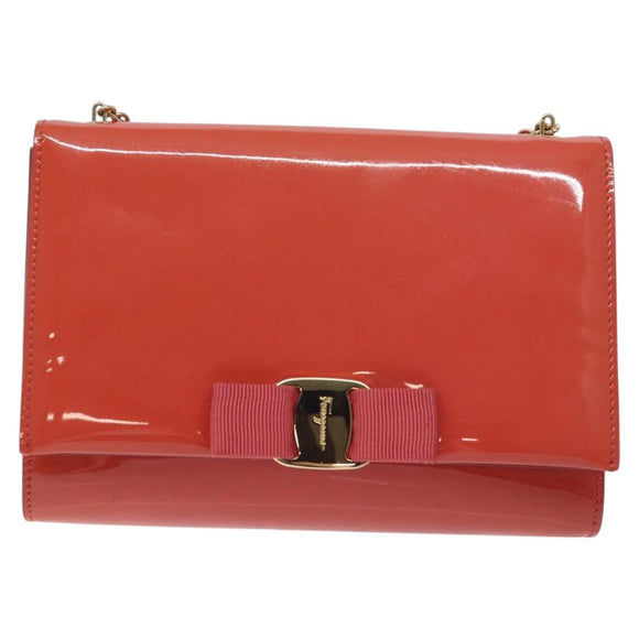 Salvatore Ferragamo Chain Vala Shoulder Bag Enamel Orange Gold Auth BA3468