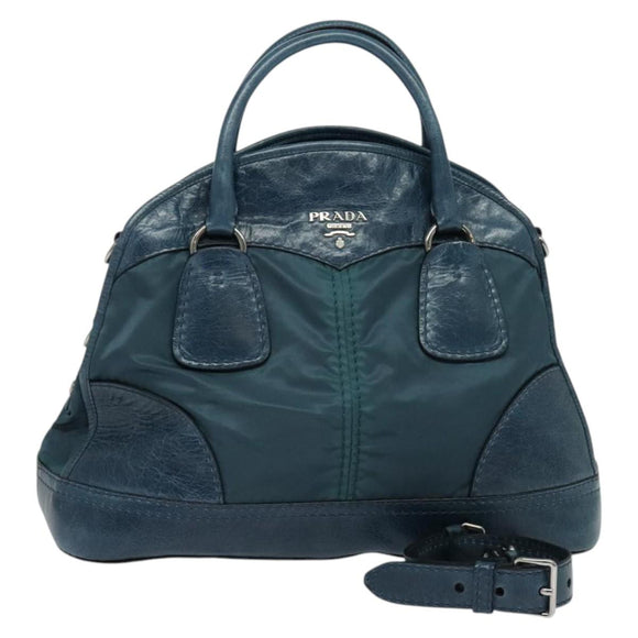 PRADA Hand Bag Nylon Leather Blue Silver Auth BA3485V