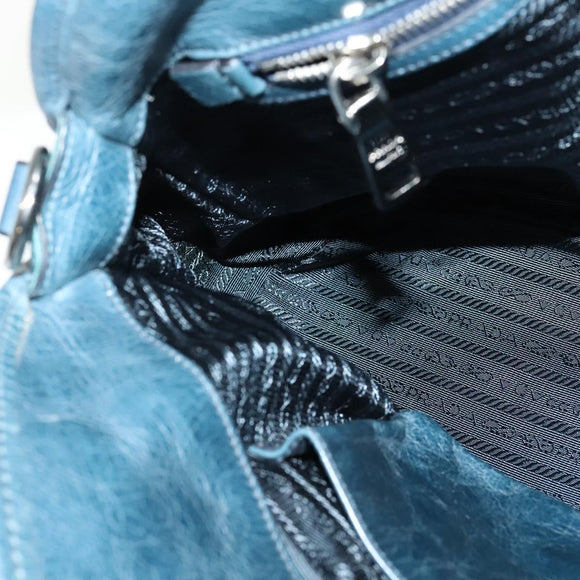 PRADA Hand Bag Nylon Leather Blue Silver Auth BA3485V
