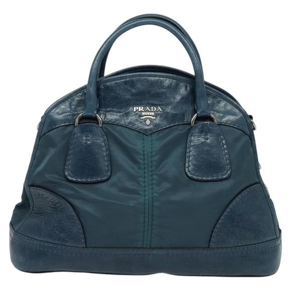 PRADA Hand Bag Nylon Leather Blue Silver Auth BA3485V