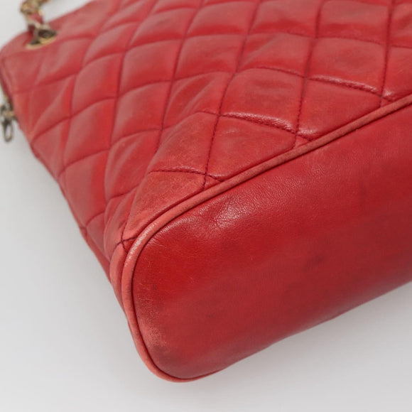 CHANEL Matelasse Chain Shoulder Bag Lamb Skin Red Gold CC Auth BA3499