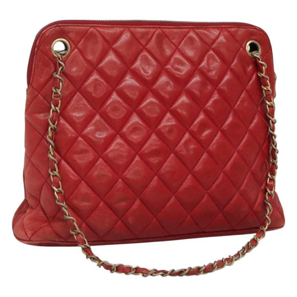 CHANEL Matelasse Chain Shoulder Bag Lamb Skin Red Gold CC Auth BA3499