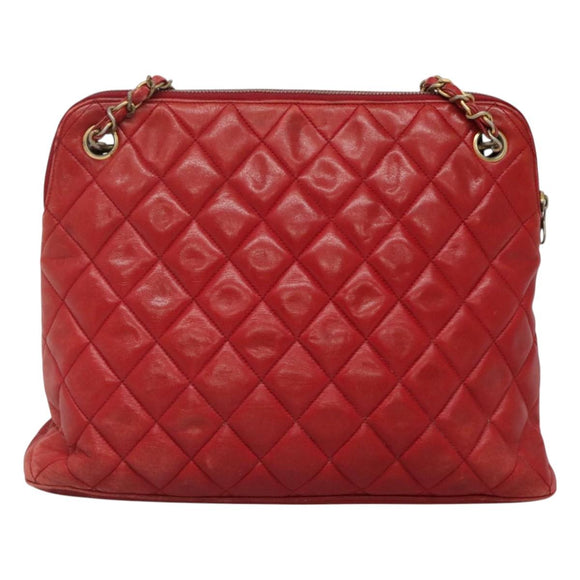 CHANEL Matelasse Chain Shoulder Bag Lamb Skin Red Gold CC Auth BA3499