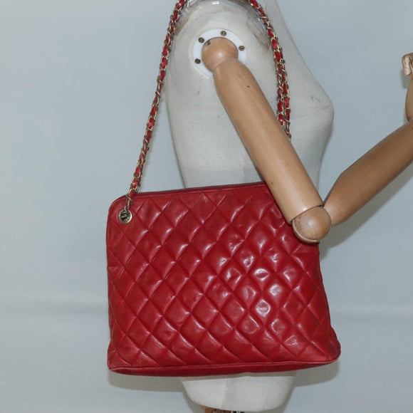 CHANEL Matelasse Chain Shoulder Bag Lamb Skin Red Gold CC Auth BA3499