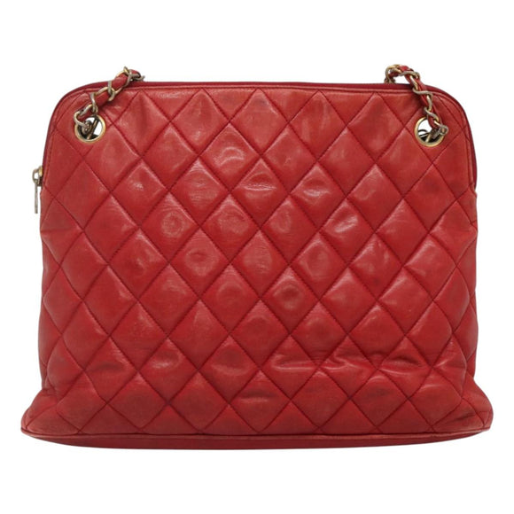 CHANEL Matelasse Chain Shoulder Bag Lamb Skin Red Gold CC Auth BA3499