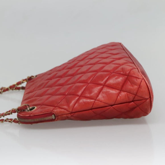 CHANEL Matelasse Chain Shoulder Bag Lamb Skin Red Gold CC Auth BA3499