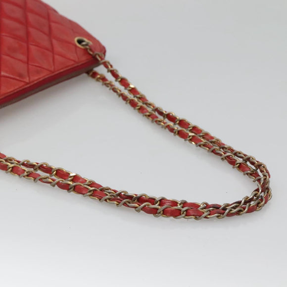 CHANEL Matelasse Chain Shoulder Bag Lamb Skin Red Gold CC Auth BA3499