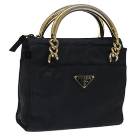 PRADA Hand Bag Nylon Navy Gold Auth BA355