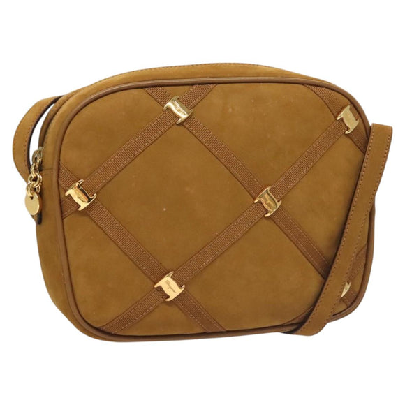 Salvatore Ferragamo Shoulder Bag Suede Brown Gold Auth BA3556