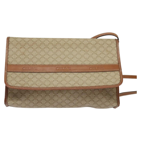 CELINE Macadam Canvas Shoulder Bag Beige Auth BA3577