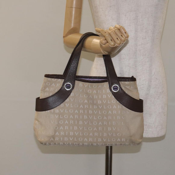 BVLGARI Logo Mania Hand Bag Canvas Beige Silver Auth BA3600