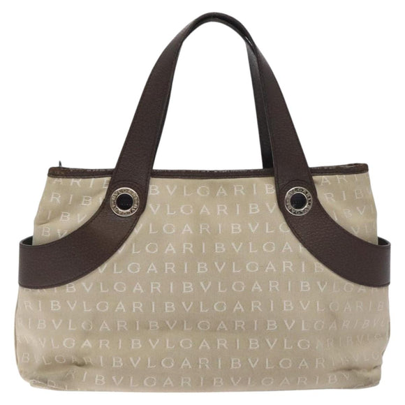 BVLGARI Logo Mania Hand Bag Canvas Beige Silver Auth BA3600