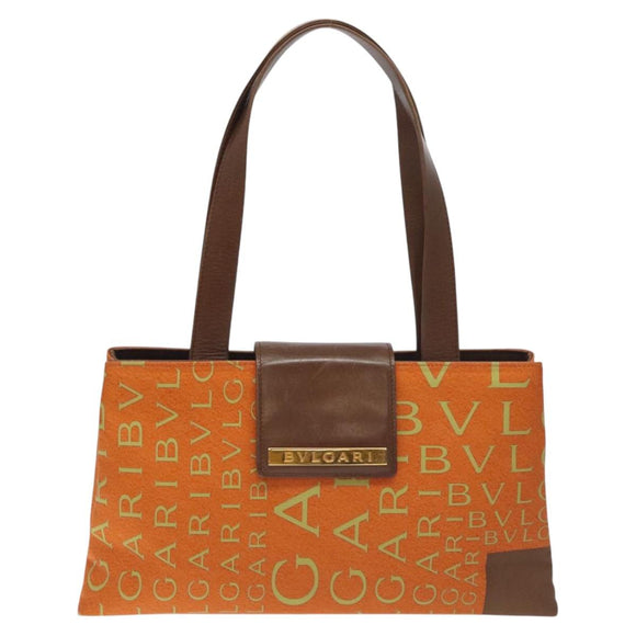BVLGARI Logo Mania Shoulder Bag Canvas Orange Gold Auth BA3606