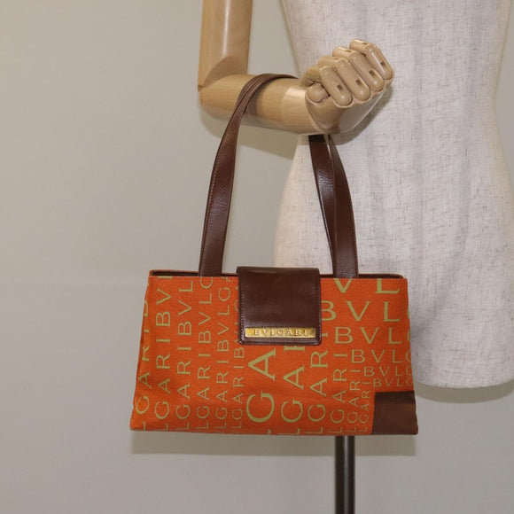 BVLGARI Logo Mania Shoulder Bag Canvas Orange Gold Auth BA3606