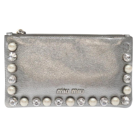 Miu Miu Pouch Leather Silver Auth BA3607