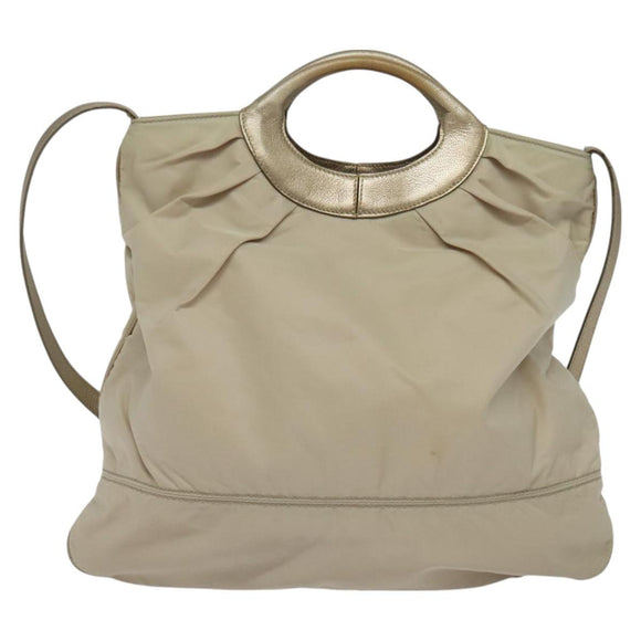 Salvatore Ferragamo Vala Hand Bag Nylon 2way Beige Silver Auth BA3615