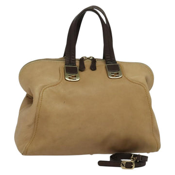 FENDI Hand Bag Leather 2way Brown Gold Auth BA3616