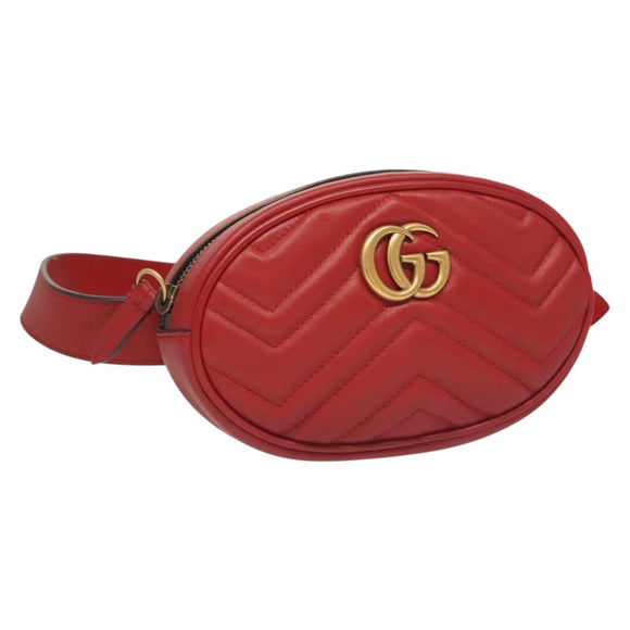 GUCCI GG Marmont Waist Bag Leather Red Gold 476434 Auth BA3650