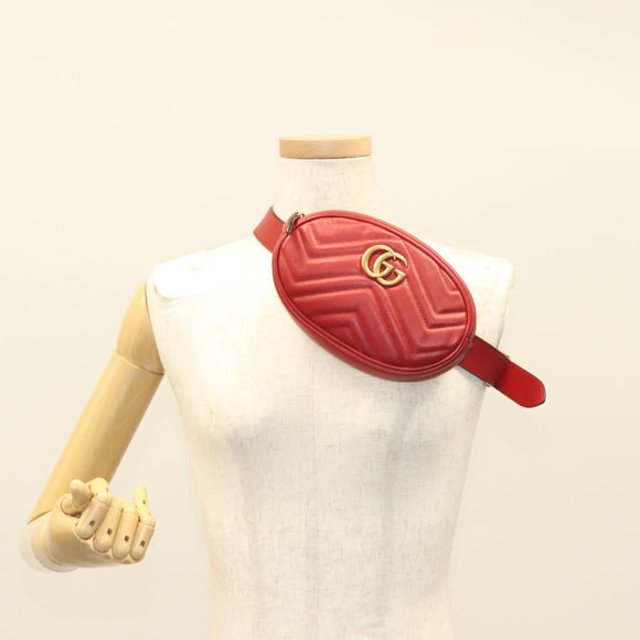 GUCCI GG Marmont Waist Bag Leather Red Gold 476434 Auth BA3650